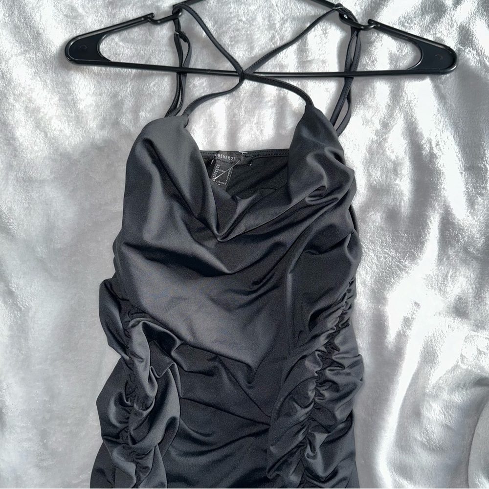 Black Satin Ruched Dress